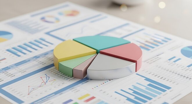 3D Pie Chart on Financial Data Sheets for Business Report Presentation
