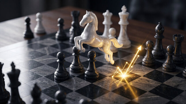 Knight's move on the chessboard, playing chess as a trading financial investment transaction, profit growth, winning a chess game