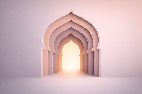 Islamic Arched Doorway with Radiant Light: Spiritual Moorish Architecture for Ramadan and Eid Backgrounds