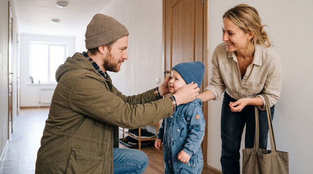 Parents and their child are going for a walk at home, the father puts on a warm hat for his little son
