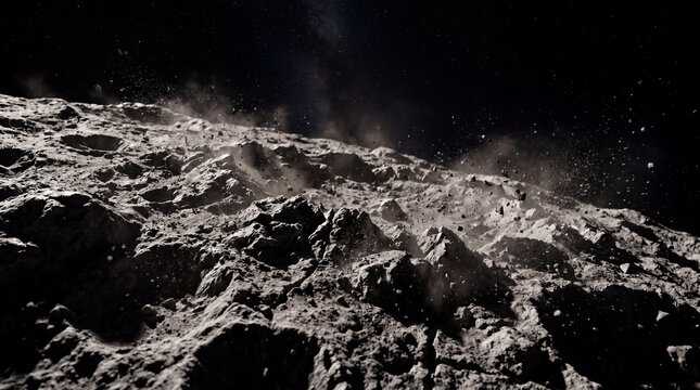Asteroid in space in close-up, craters and pieces of rock in zero gravity