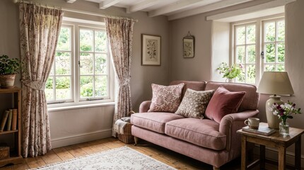 Fototapeta premium Cozy living room with floral curtains and a plush pink sofa overlooking a garden