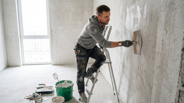 Wall puttying in a new apartment, a worker levels and primers a wall in a new building