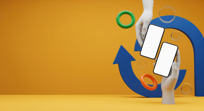 Social connection and dating background with paired blank screens and circular arrows for match service visuals, relationship search, chat profile promotion and online romance content with copy space