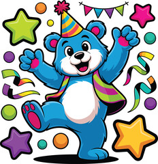 Fototapeta premium Cute party bear cartoon illustration with confetti colorful celebration playful design