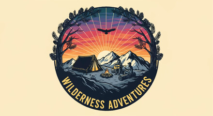 Wilderness adventure illustration depicting mountains camping tent and nature elements © hai