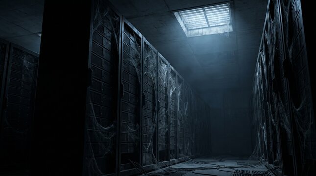 Abandoned futuristic server farm with powered down data racks covered in cobwebs and dust under moonlight representing digital age collapse