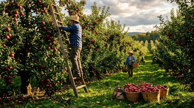 Apple orchard workers harvesting ripe red fruit on a sunny autumn day
