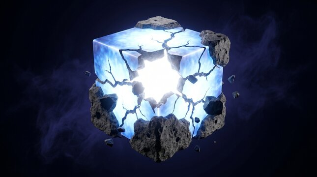 Glowing geometric cube cracking and calcifying into lifeless stone symbolizing energy depletion and petrification