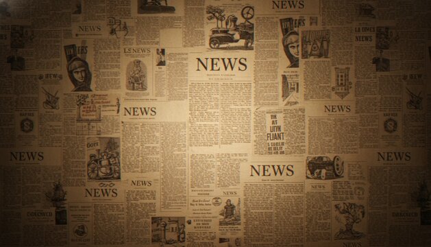 A seamless collage pattern of vintage newspaper clippings with various articles, vintage illustrations, and headlines in a sepia-toned retro style.