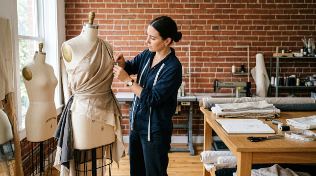 Fashion designer working on dress mannequin creating haute couture in atelier with brick wall background.