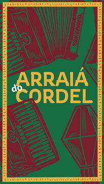 festa junina social media story template with cordel woodcut aesthetic featuring accordion and traditional balloons
