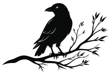 Fototapeta premium crow setting on a branch silhouette line art vector illustration with a white background
