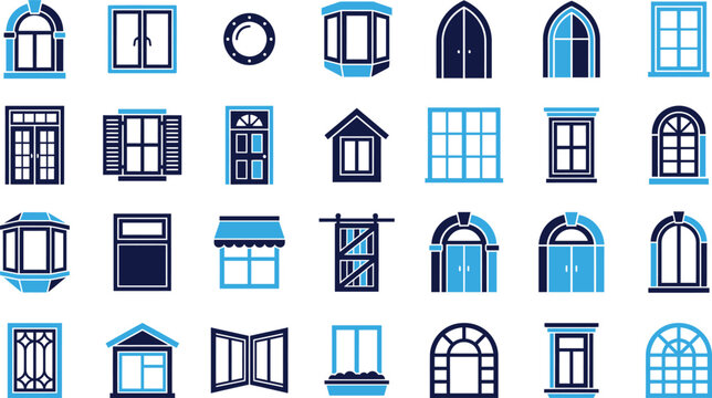 Architectural window and door icons in blue and dark blue colors.