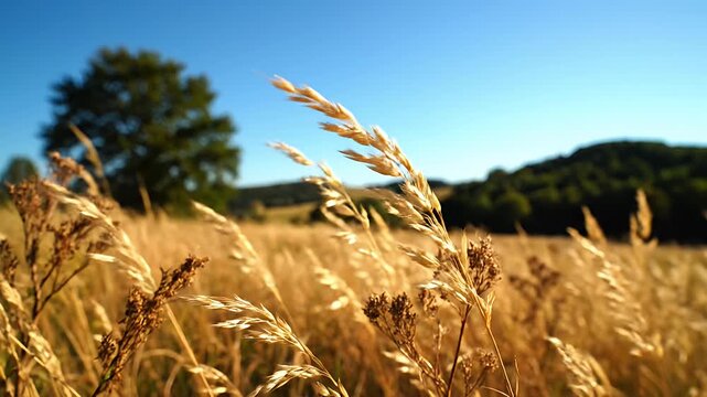 Golden field of tall grass swaying against a blue sky