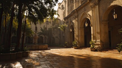 Naklejka premium Grand old courtyard entrance bathed in morning light, with a tiered fountain, stone columns and archways, decorative lamps and palms creating a tranquil, timeless scene
