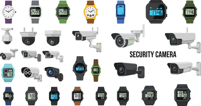 Large collection of security camera vector icons and digital wristwatches featuring various CCTV surveillance systems, smart watches, analog clocks, and modern electronic wearable tech devices.