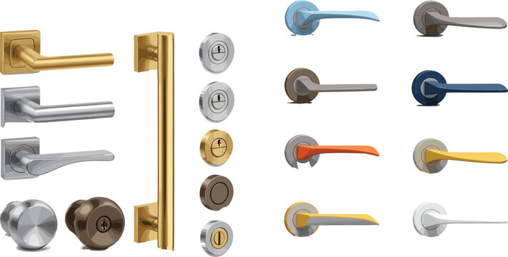 Comprehensive collection of modern door handle vector icons featuring various metal finishes, colorful levers, pull bars, doorknobs, and lock cylinders for interior architectural design projects.