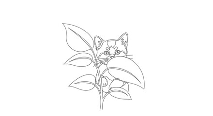 Fototapeta premium Cute Kitten Peeking Through Leaves, Line Art Illustration, Adorable Pet Outline