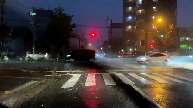 雨の夜の都市交差点を通る光跡と横断歩道の映像