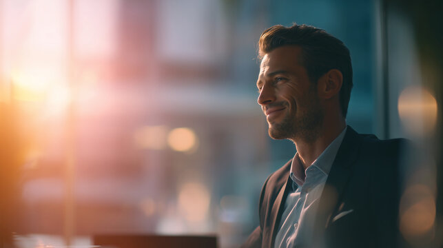 Businessman nodding slightly during conversation, cinematic side lighting, blurred background, copy space on right