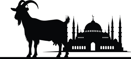 Naklejka premium Goat silhouette standing beside mosque with domes and minarets in minimal black vector illustration representing livestock and religious architecture concept
