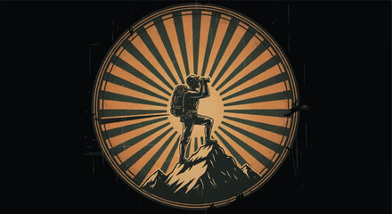 Explorer silhouette on mountain peak with binoculars and sunburst design © hai
