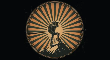 Fototapeten Schwarz Explorer silhouette on mountain peak with binoculars and sunburst design  © hai