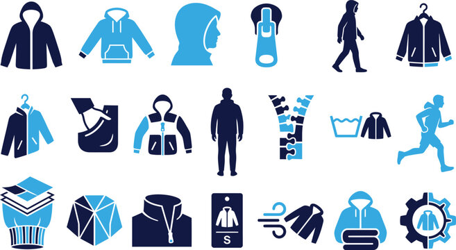 Collection of blue and dark blue icons related to clothing outerwear jackets hoodies zippers and active wear.