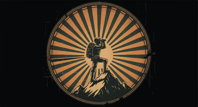 Explorer silhouette on mountain peak with binoculars and sunburst design