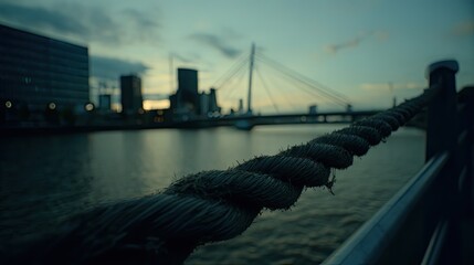 Naklejka premium Thick nautical rope forming a protective barrier along a wharf, offering a close up perspective with a city skyline and cable stayed bridge blurring in the background at dusk