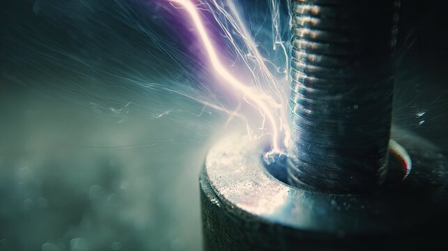 Close up metal bolt showing high energy electrical discharge