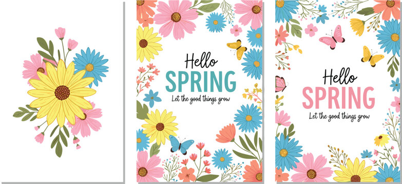 Set of three spring vector greeting cards featuring vibrant floral arrangements, colorful butterflies, daisies, and festive hand drawn typography for seasonal botanical designs