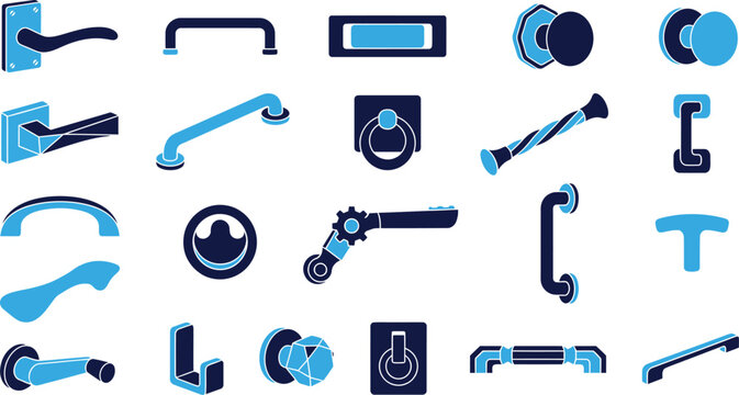 Door handle icons set levers knobs pull and push hardware for furniture and home interior design.