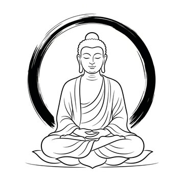 Simple Line Art Illustration of Meditating Buddha in Enso Circle
