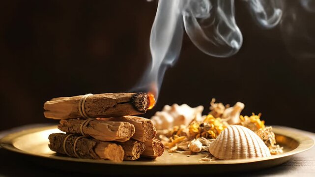 Burning incense sticks and shells on a golden tray with smoke