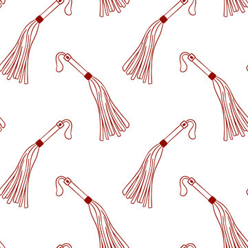Red sketch pattern of a leather whip in simple line style, adult toys for sex games, minimalist repeat for toy store packaging or retail branding