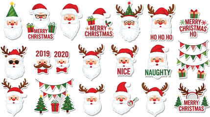 Collection of cute Santa Claus sticker vector illustrations featuring various facial expressions, reindeer antlers, Christmas trees, festive banners, and holiday greetings for seasonal winter designs. © MDSaiful