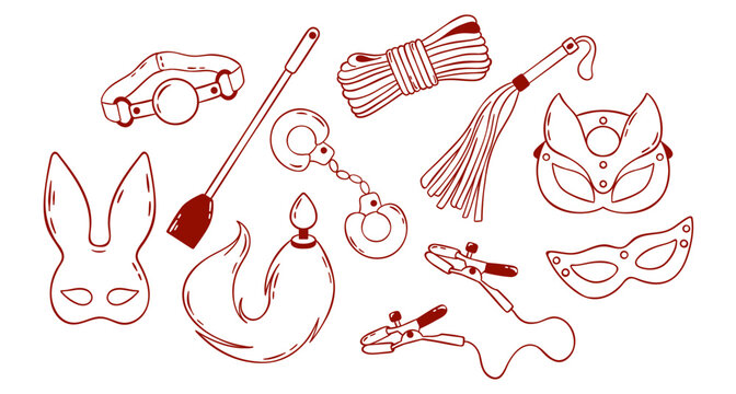 vector set of adult sex toys, accessories for bdsm sex games, simple linear red icon, doodle and sketch style