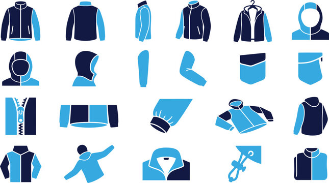 Wardrobe and clothing icons collection with jackets, hoodies, zippers, and pockets for fashion apparel design.