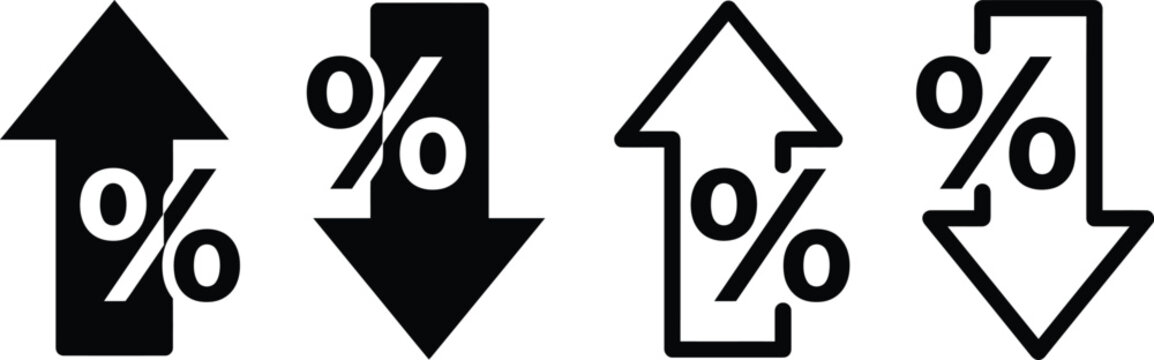 Black and white percentage icons with arrows isolated on white background, Vector