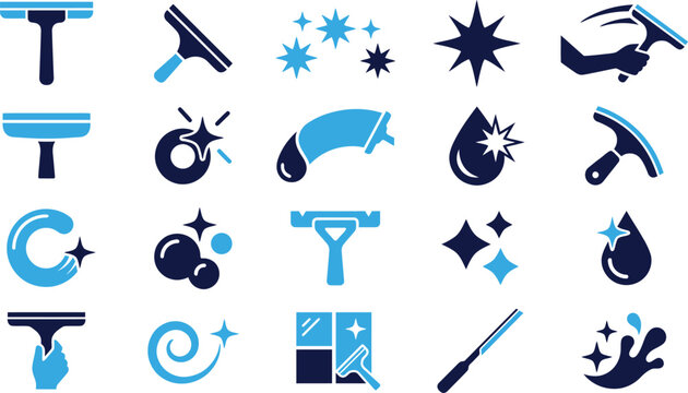 Collection of cleaning tools and symbols, focusing on window cleaning and sparkle effects.