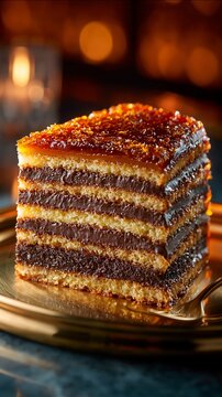 Slice of traditional Dobos torte cake with caramel glaze on gold plate