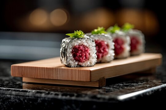 Salted plum umeboshi sushi maki rolls served on a wooden board