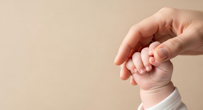 Mother Holding Baby Hand Close-up on Beige Background