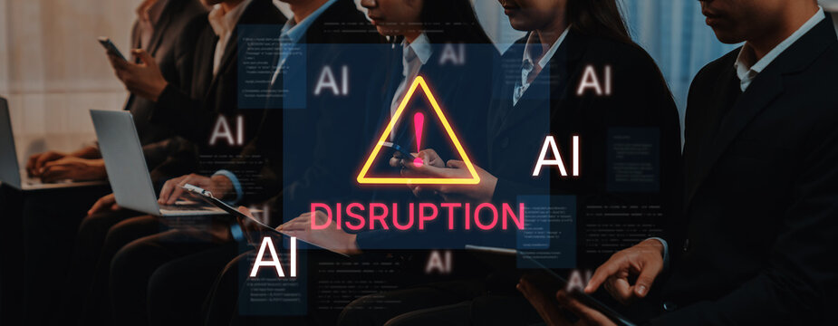 Disruption warning future of work, featuring AI agents replacing human jobs. Represents labor unemployment, corporate automation cost shift, and need for new career reskilling and upskilling. Corpus