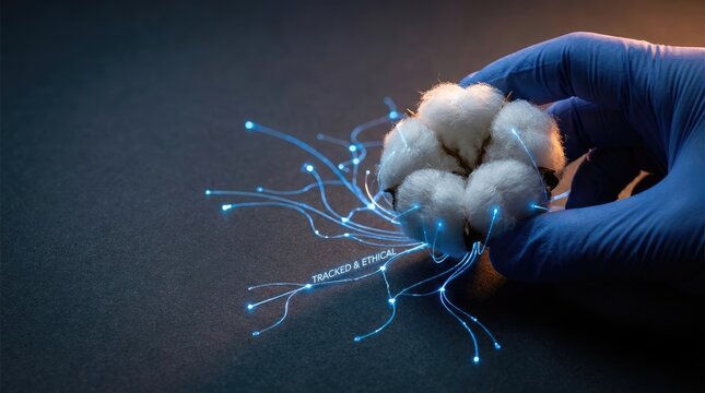 Close up of hand in blue medical glove holding soft cotton boll with digital data network lines.