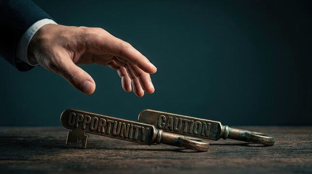 Hand of businessman choosing between two antique metal keys labeled opportunity and caution.