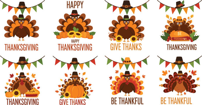 Set of Happy Thanksgiving vector labels featuring cute turkeys wearing pilgrim hats, pumpkins, sunflowers, autumn leaves, and festive bunting for seasonal holiday greeting card designs.