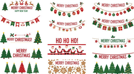 Collection of festive Christmas vector banners and borders featuring pine trees, bunting flags, gingerbread cookies, Santa Claus characters, and holiday greetings for seasonal web design projects. © MDSaiful